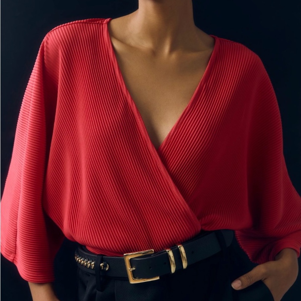 Anthropologie Long-Sleeve Red Wrap Top Medium